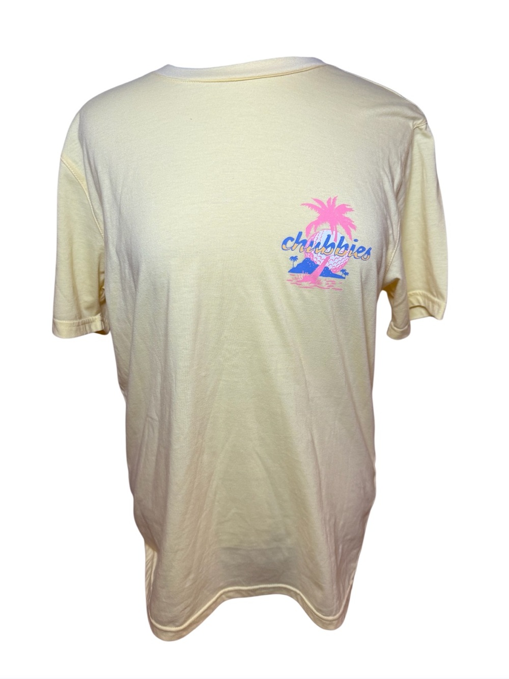 Chubbies Yellow Short Sleeve Tee with Pink & Blue Palm Tree and Golf Logo-Size M